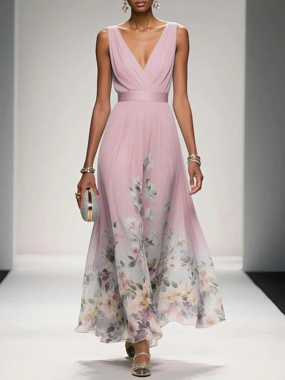 Rose | Light Blue Floral Chiffon V-Neck Maxi Dress