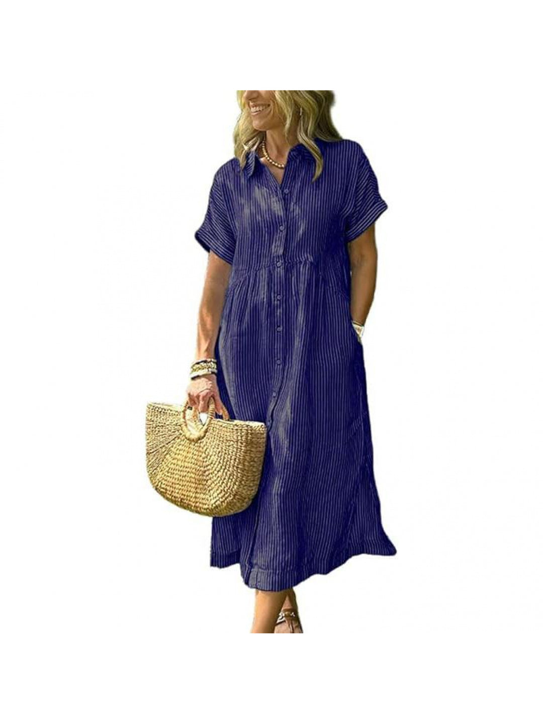 Amelia | Relaxed Midi Striped Dress with Bohemian Side Slits And Pockets