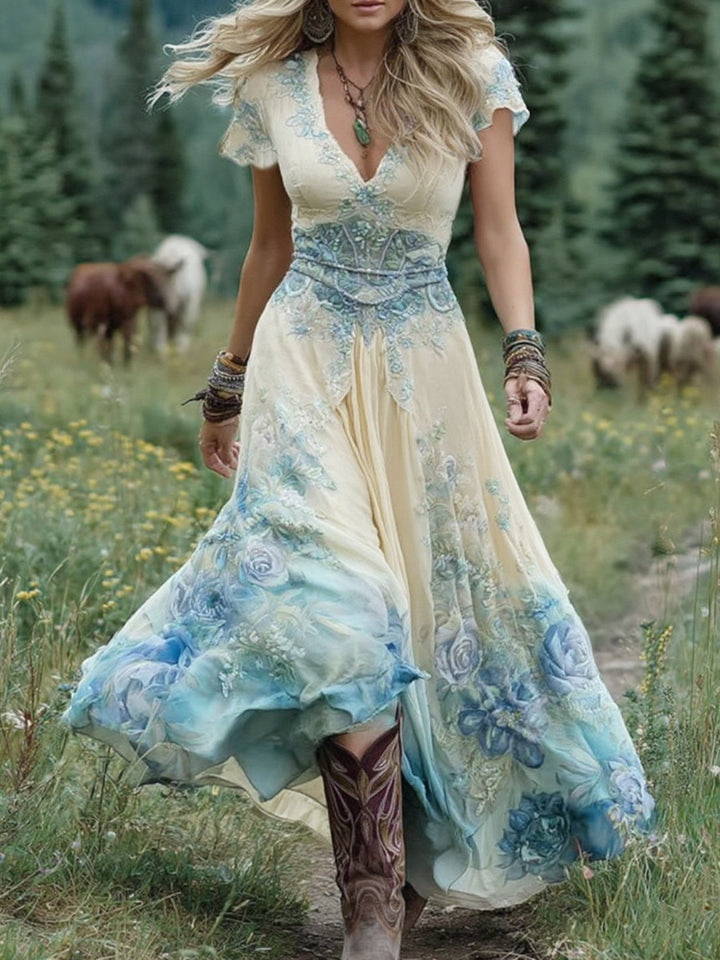 Classy Gradient Purple Lavender And Floral Printed Short Maxi Dress