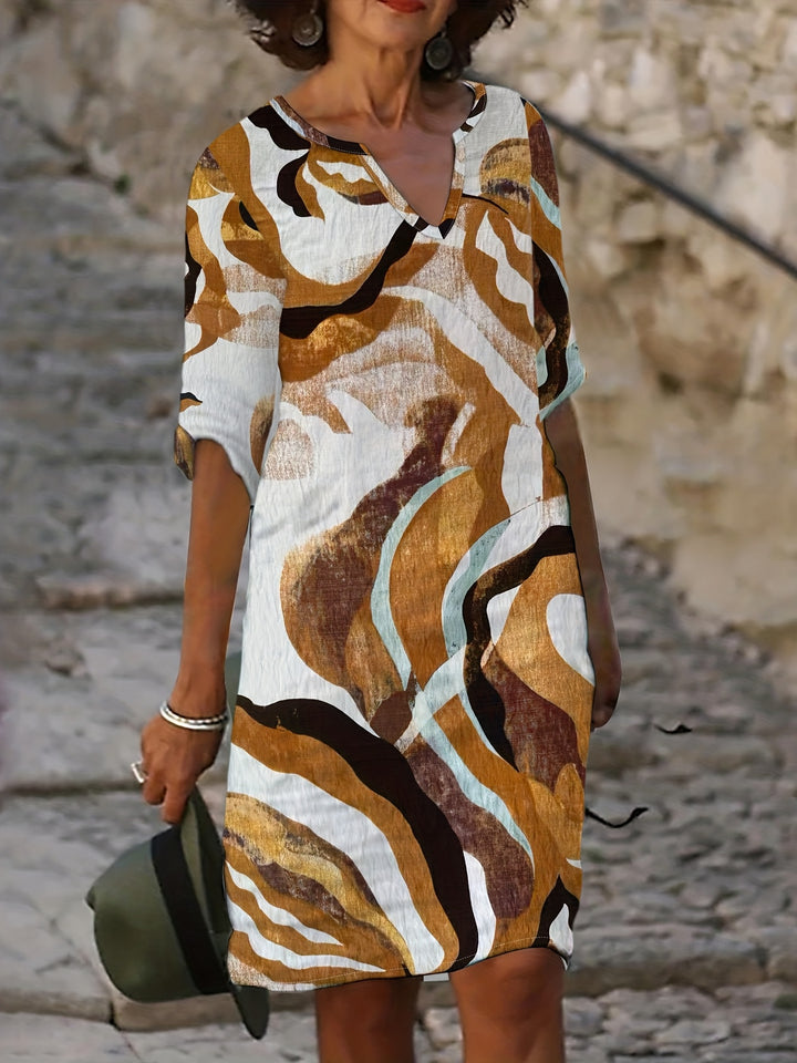 Alexandra | 100% Linen V-Neck Printed Dress
