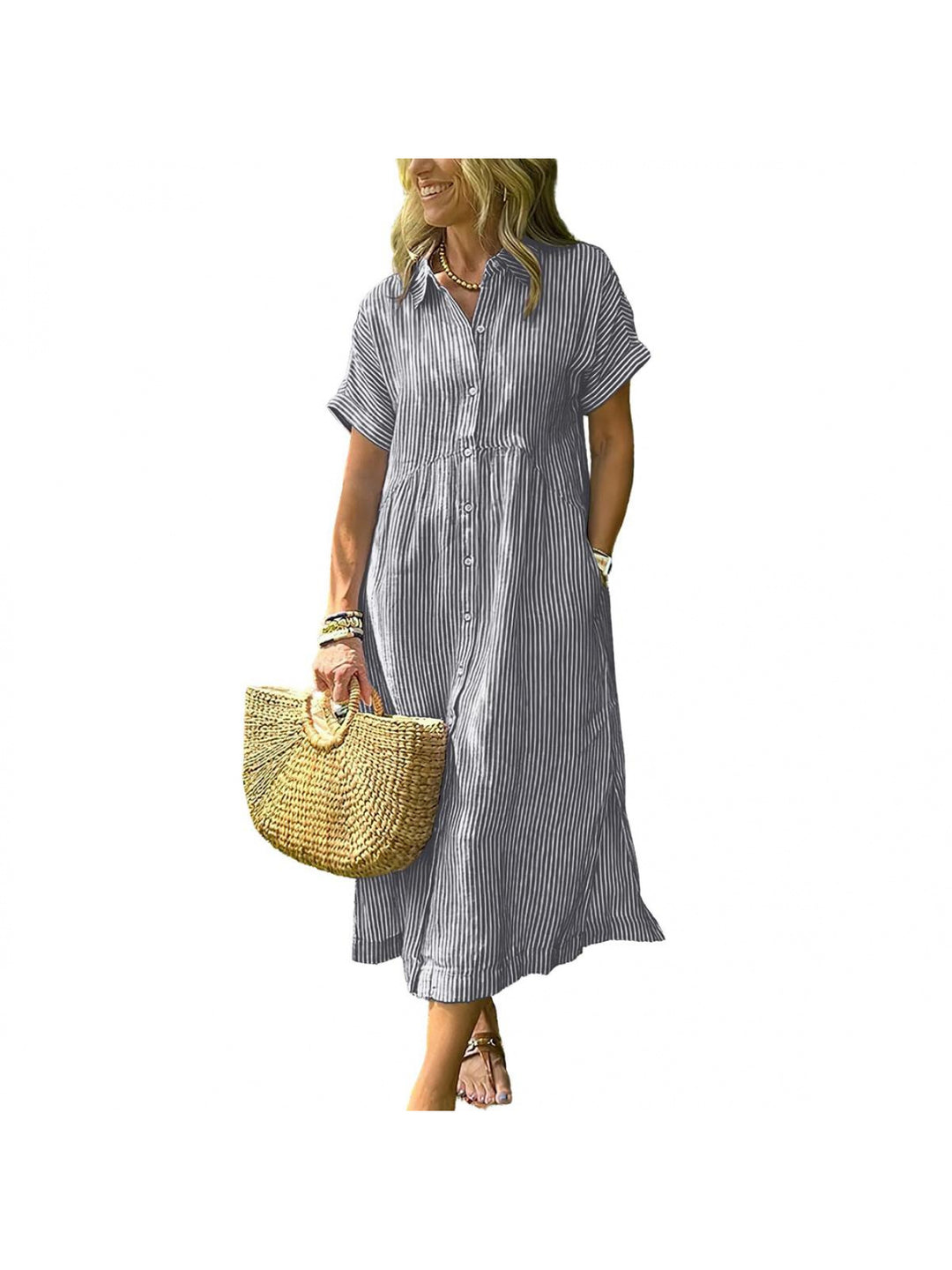 Amelia | Relaxed Midi Striped Dress with Bohemian Side Slits And Pockets