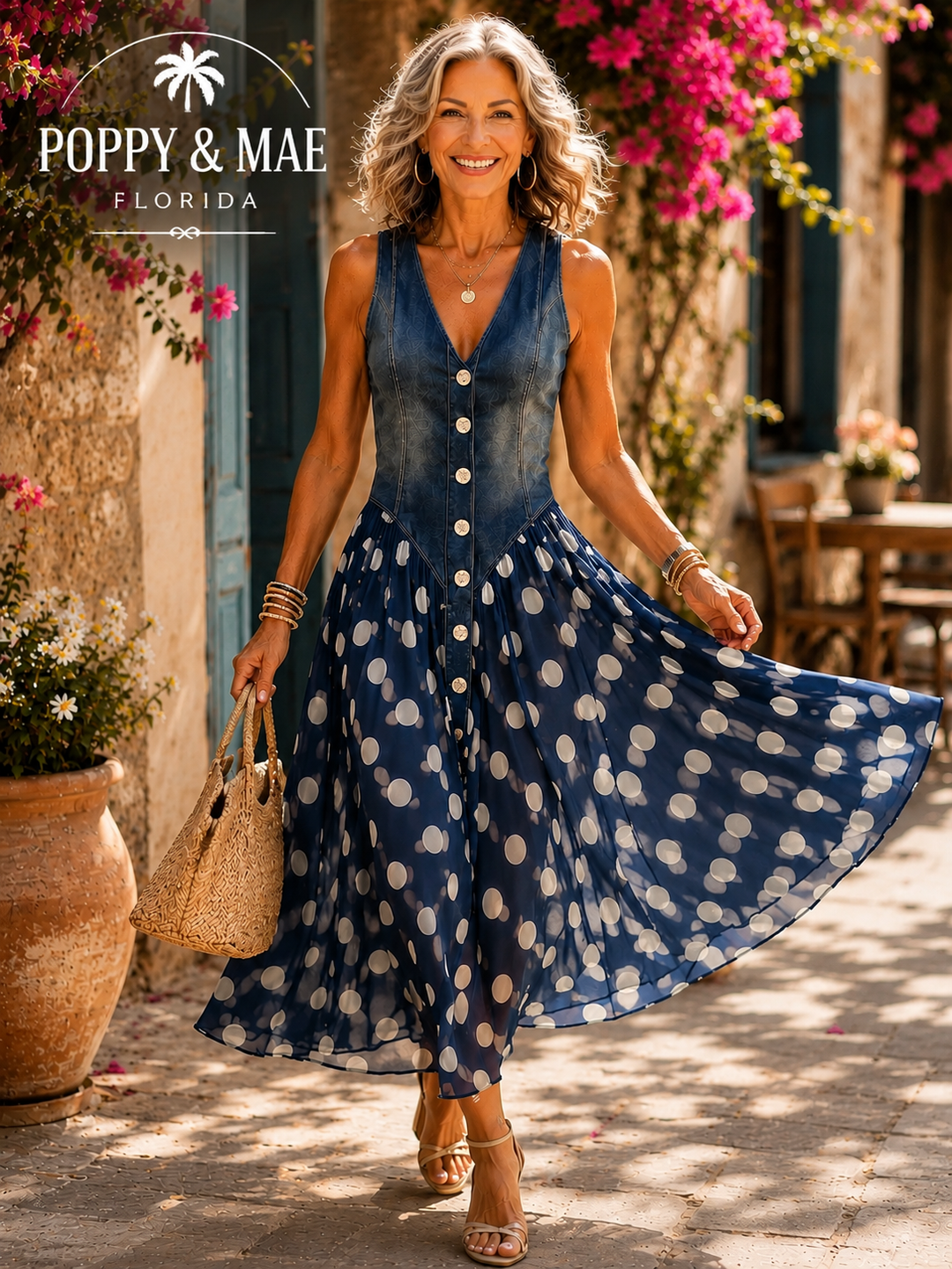 Jasmin - Denim Dress With Polka Dot Chiffon Skirt
