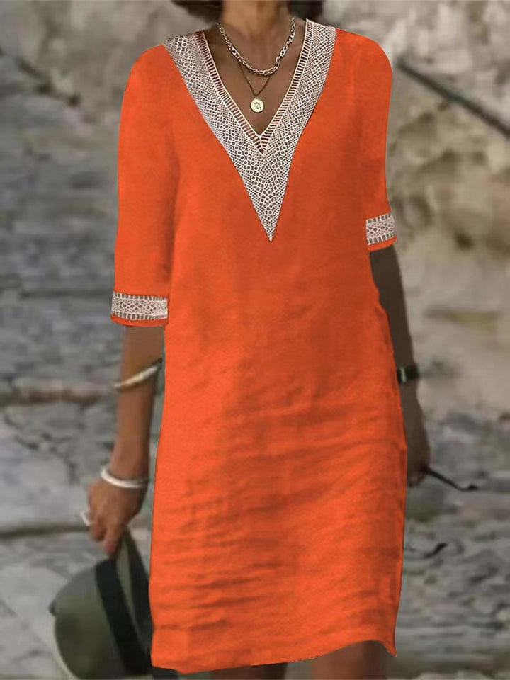 Angelica | Linen-blend Color V-Neck with Lace Trim