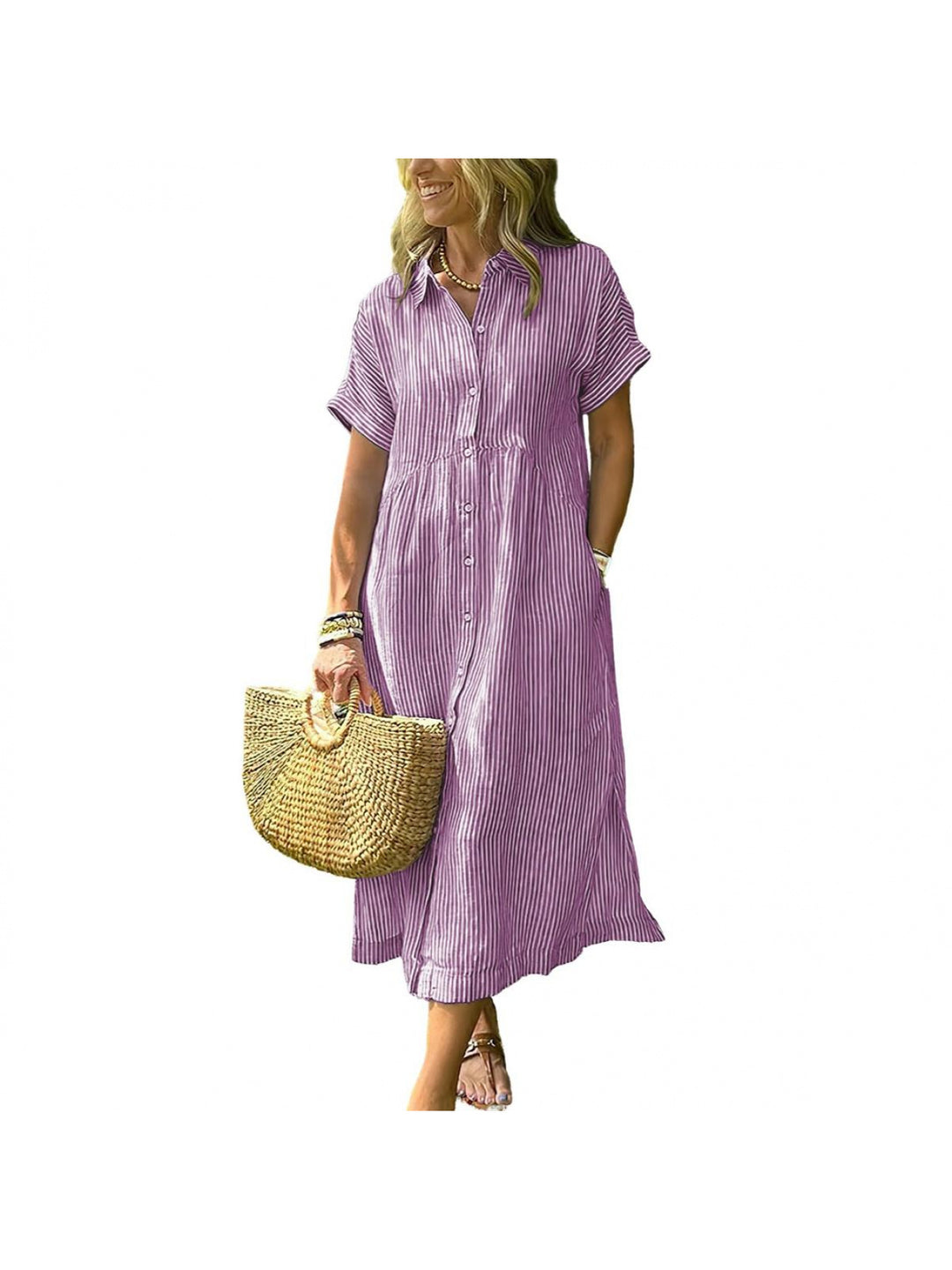 Amelia | Relaxed Midi Striped Dress with Bohemian Side Slits And Pockets