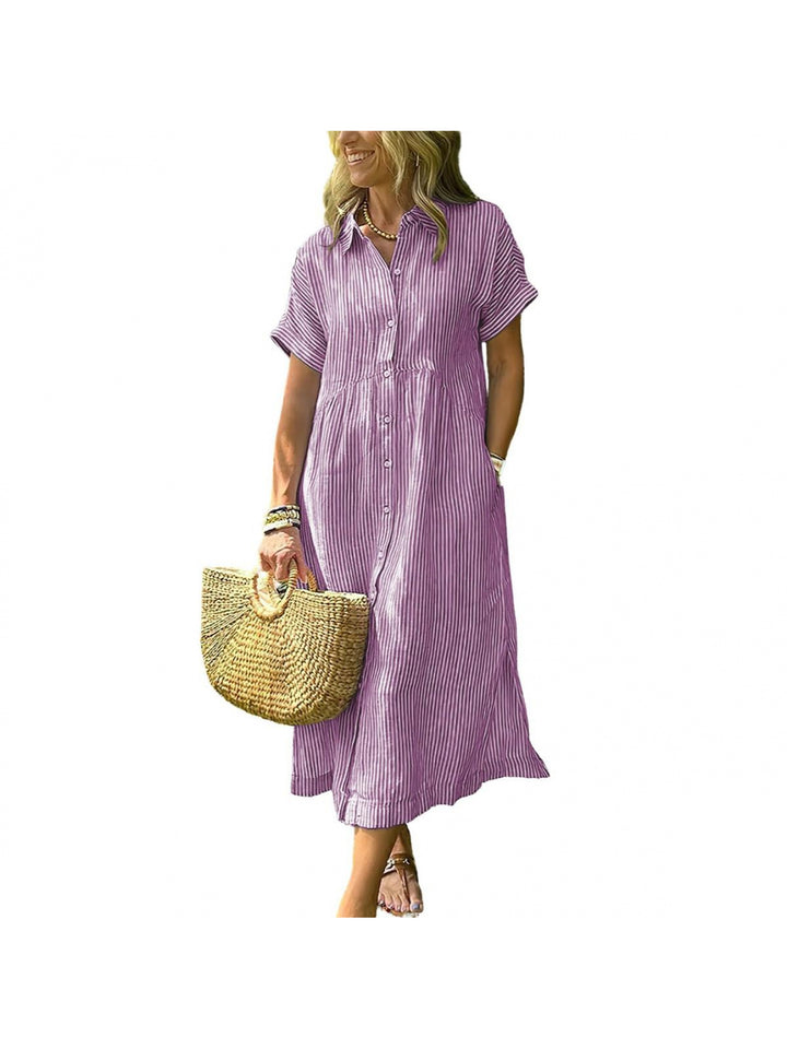 Amelia | Relaxed Midi Striped Dress with Bohemian Side Slits And Pockets