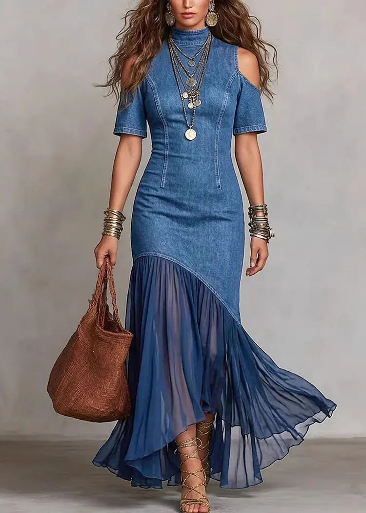 Lilibeth | Chic Cold Shoulder Tulle Patchwork Denim Dress