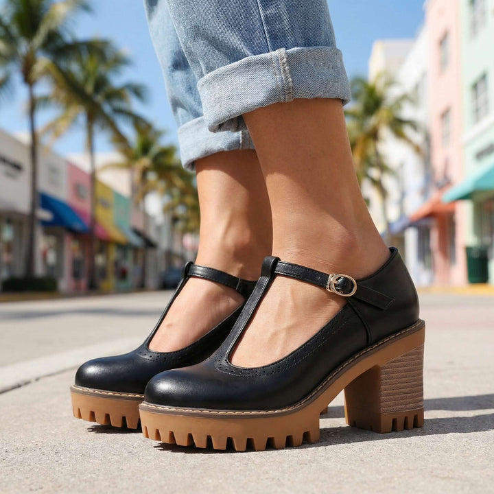 Jasmine l Chunky T-Strap Mary Jane Heels