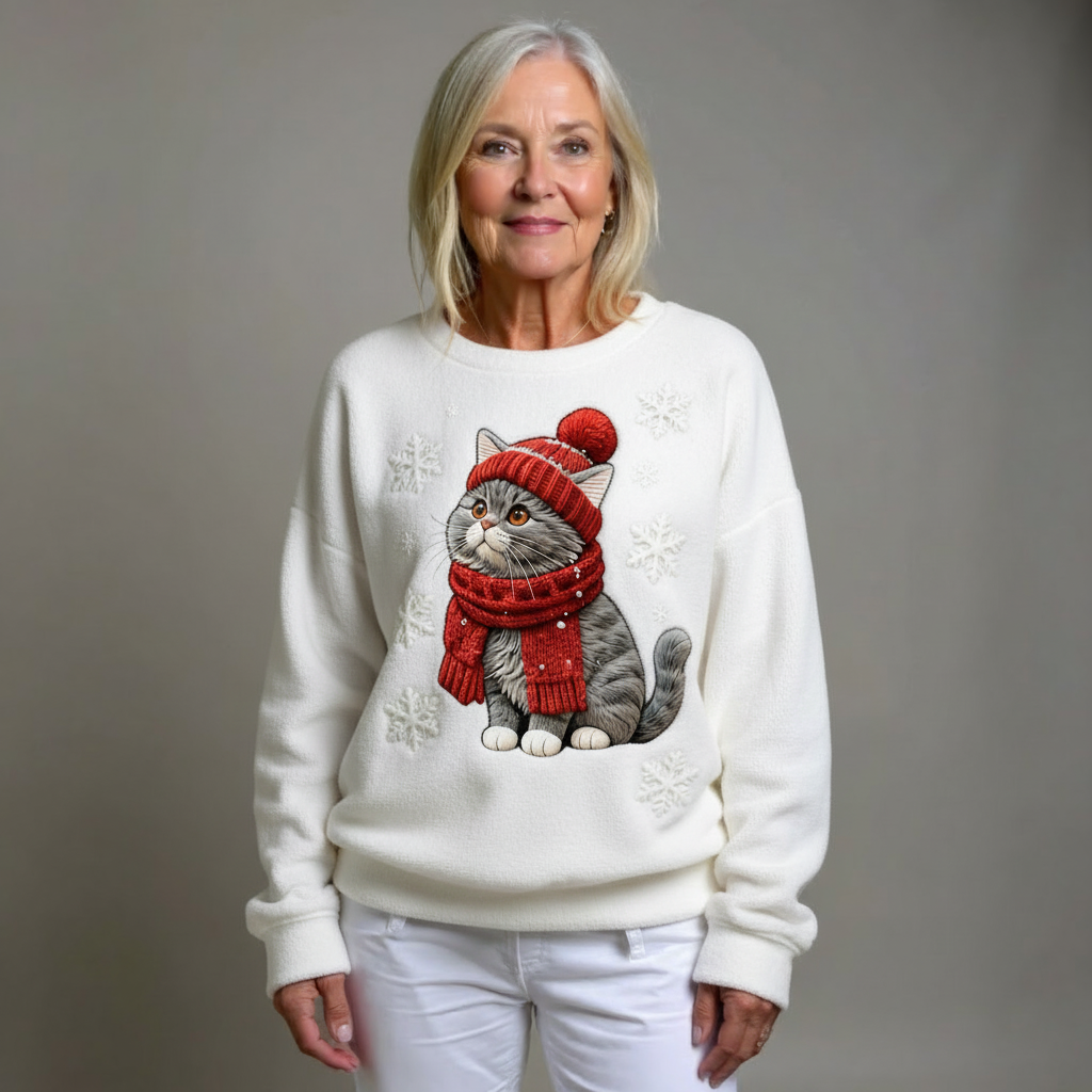 HARPER | CASUAL FLANNEL JUMPER WITH CHRISTMAS CAT PRINT FOR WOMEN