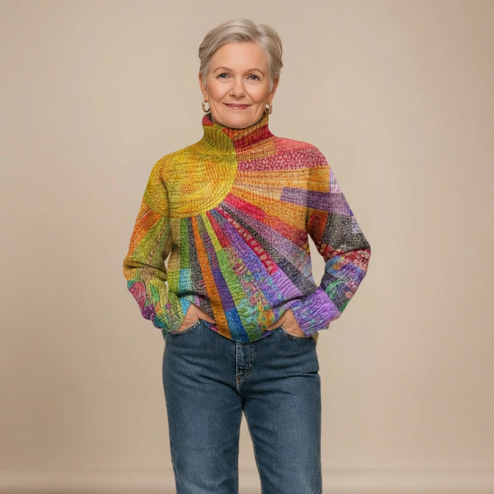 MARA | COLORFUL SUN COLLAGE PRINT KNIT TURTLENECK PULLOVER SWEATER