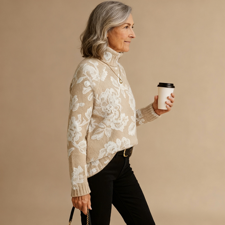 BELLA | TIMELESS VINTAGE FLORAL KNIT TURTLENECK SWEATER