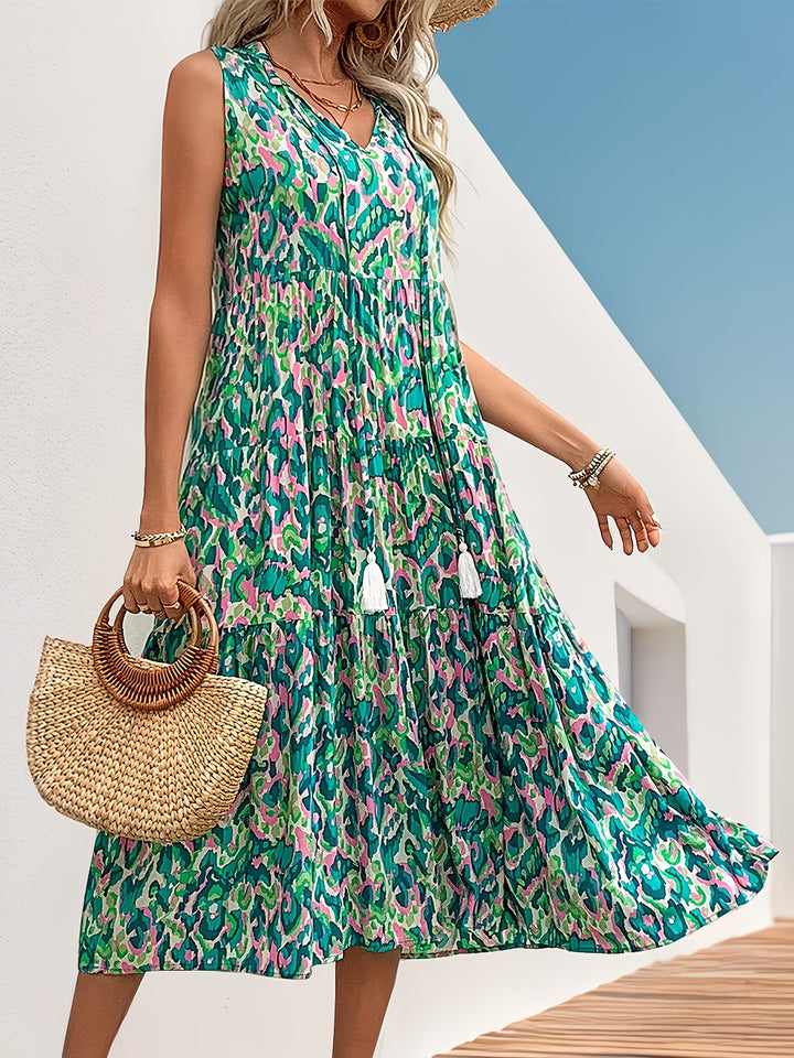 Jennifer | Sleeveless Bohemian Style Fringed Tie-Up Printed Dress