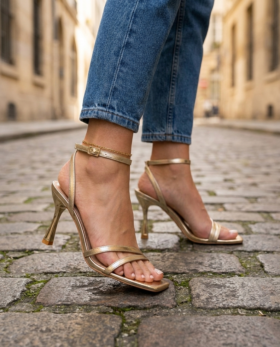 Celeste | Gold Metallic Ankle Strap Heels