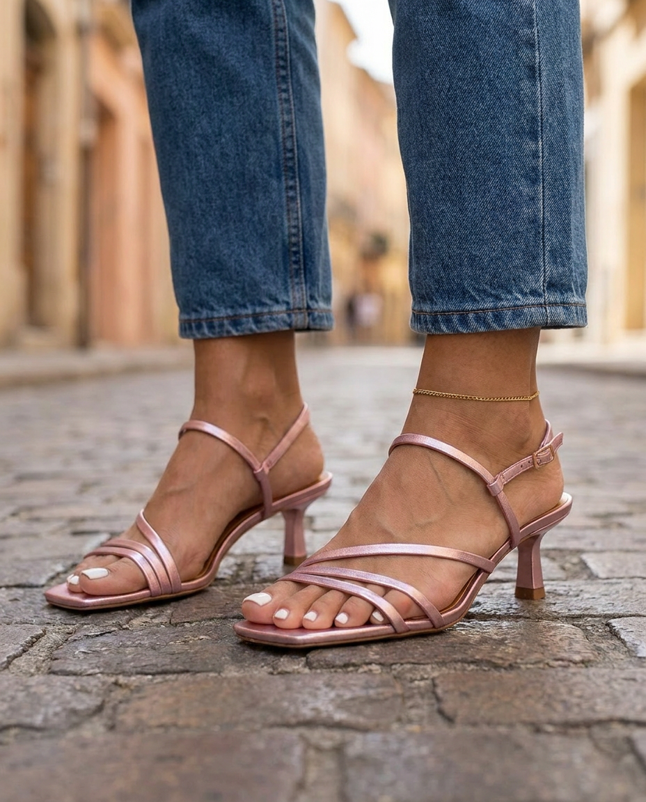 Rosé | Pink Metallic Strappy Kitten Heels