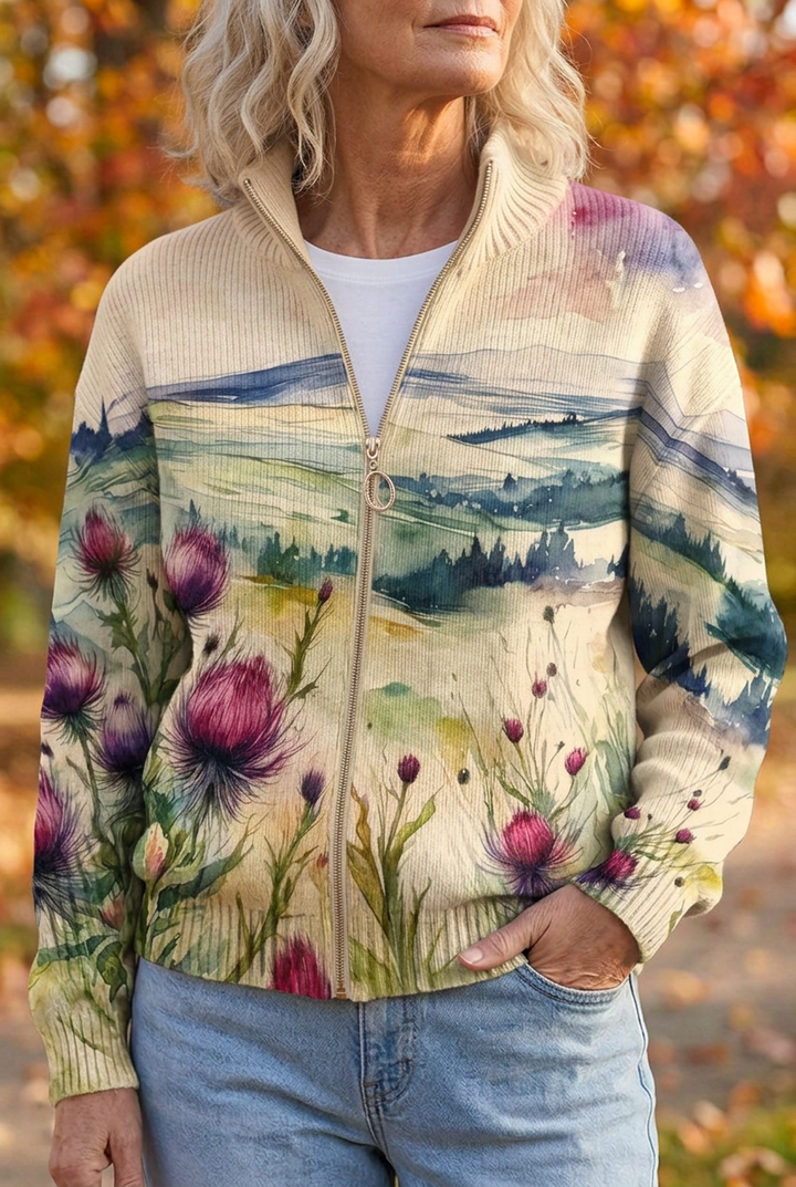 Zelda™ | Scottish Thistle Landscape Zip Cardigan