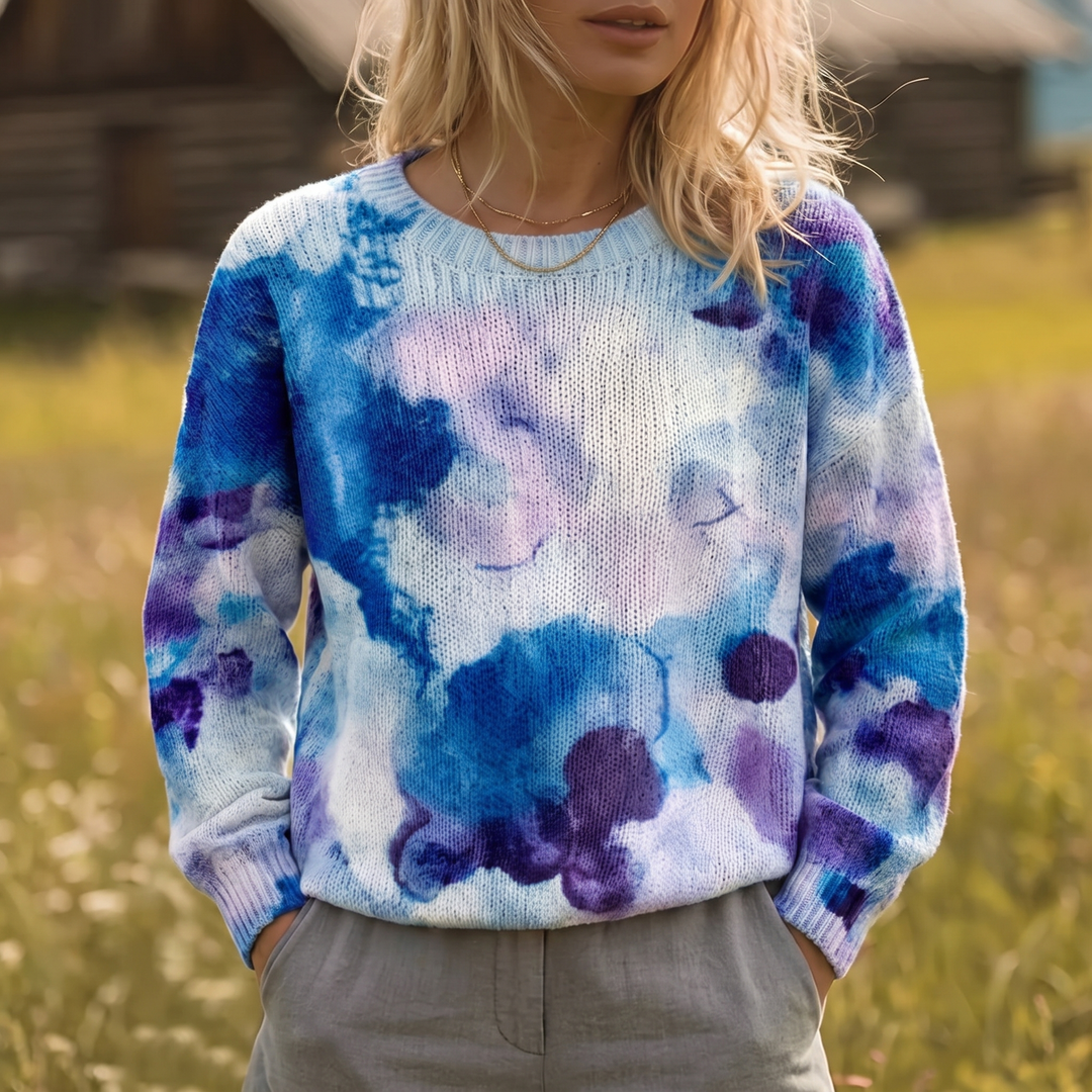 Swanley™ | Blue Tie-Dye Floral Knit Sweater