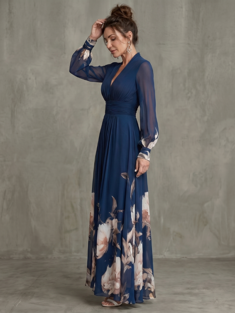 Maude™ Floral Hem Sheer Sleeve Maxi Dress