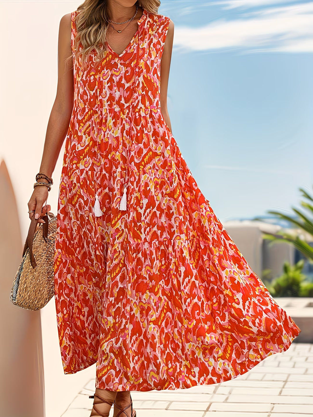 Jennifer | Sleeveless Bohemian Style Fringed Tie-Up Printed Dress