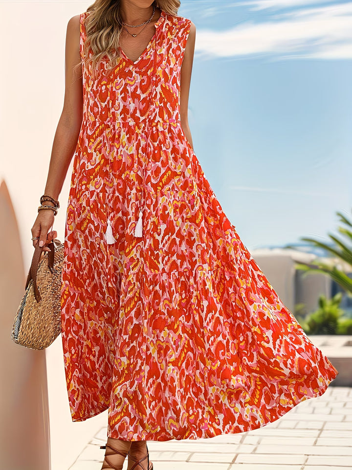 Jennifer | Sleeveless Bohemian Style Fringed Tie-Up Printed Dress
