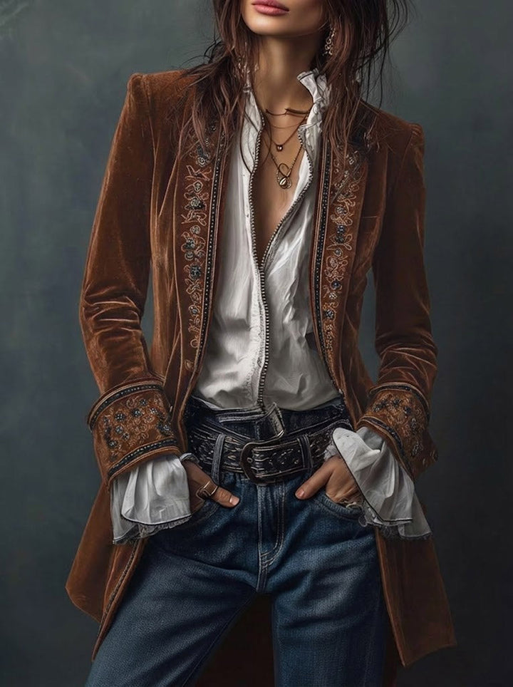 Lindsey | Long Vintage Velvet Jacket with Embroidery